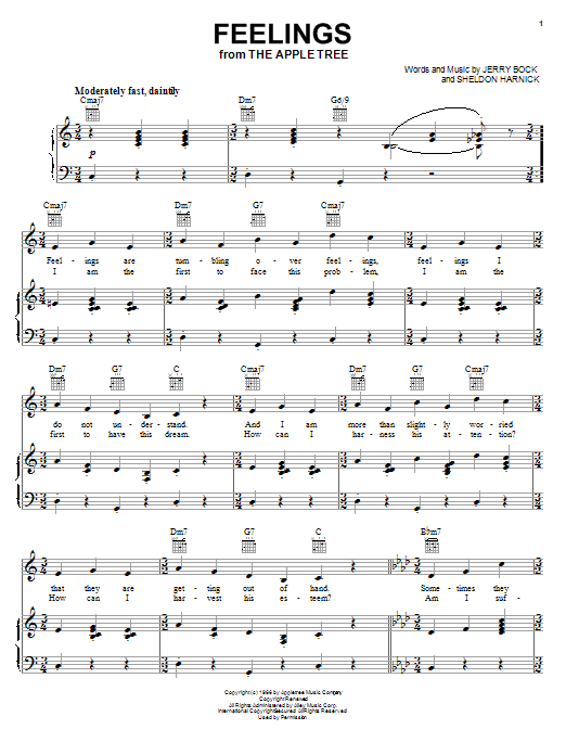 Learn to play Bock & Harnick Feelings sheet music for Piano, Vocal & Guitar (Right-Hand Melody) in minutes. Bock & Harnick Feelings sheet music notes and chords. Download Printable PDF.
