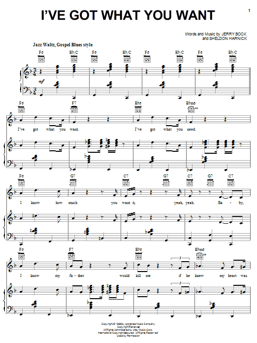 Learn to play Bock & Harnick I've Got What You Want sheet music for Piano, Vocal & Guitar (Right-Hand Melody) in minutes. Bock & Harnick I've Got What You Want sheet music notes and chords. Download Printable PDF.
