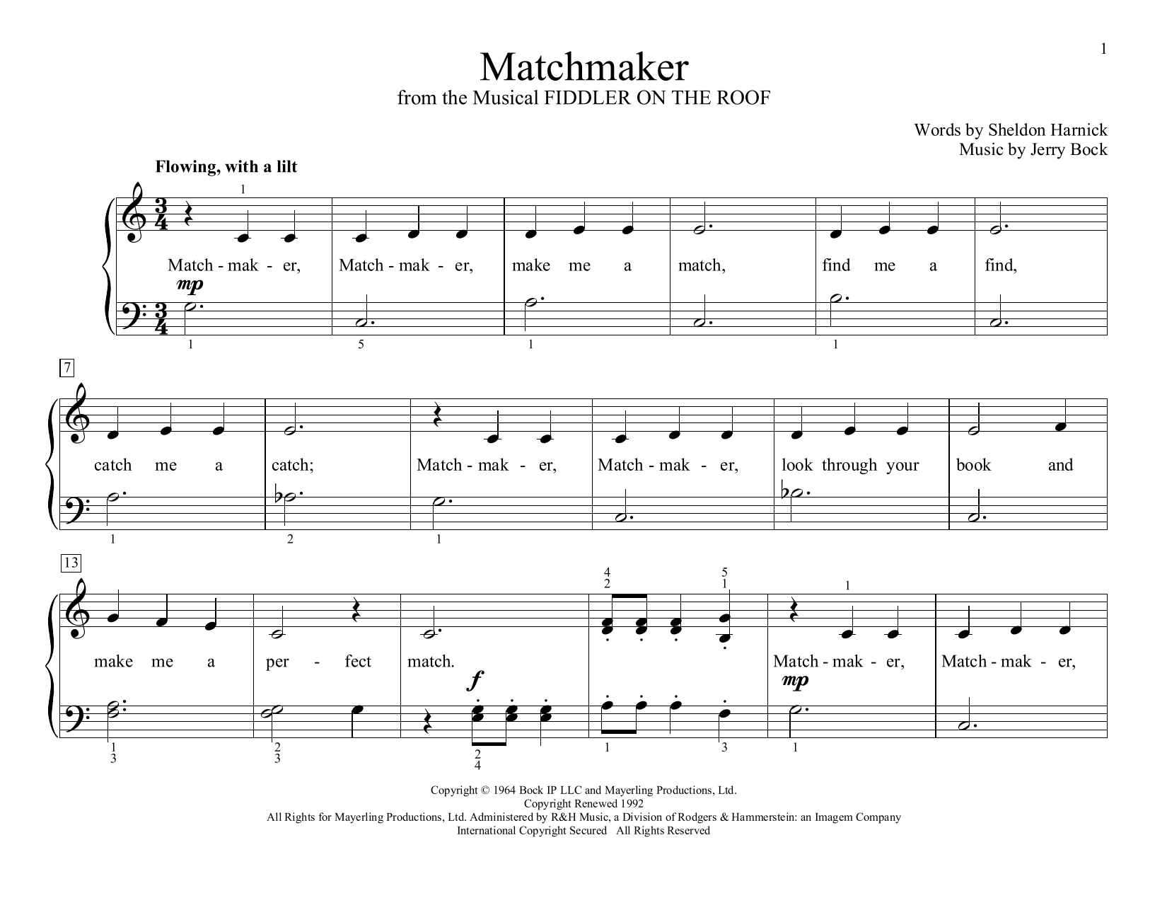 Learn to play Bock & Harnick Matchmaker (from Fiddler on the Roof) (arr. Christopher Hussey) sheet music for Educational Piano in minutes. Price: 6.9900$ Bock & Harnick Matchmaker (from Fiddler on the Roof) (arr. Christopher Hussey) sheet music notes and chords arranged for Educational Piano