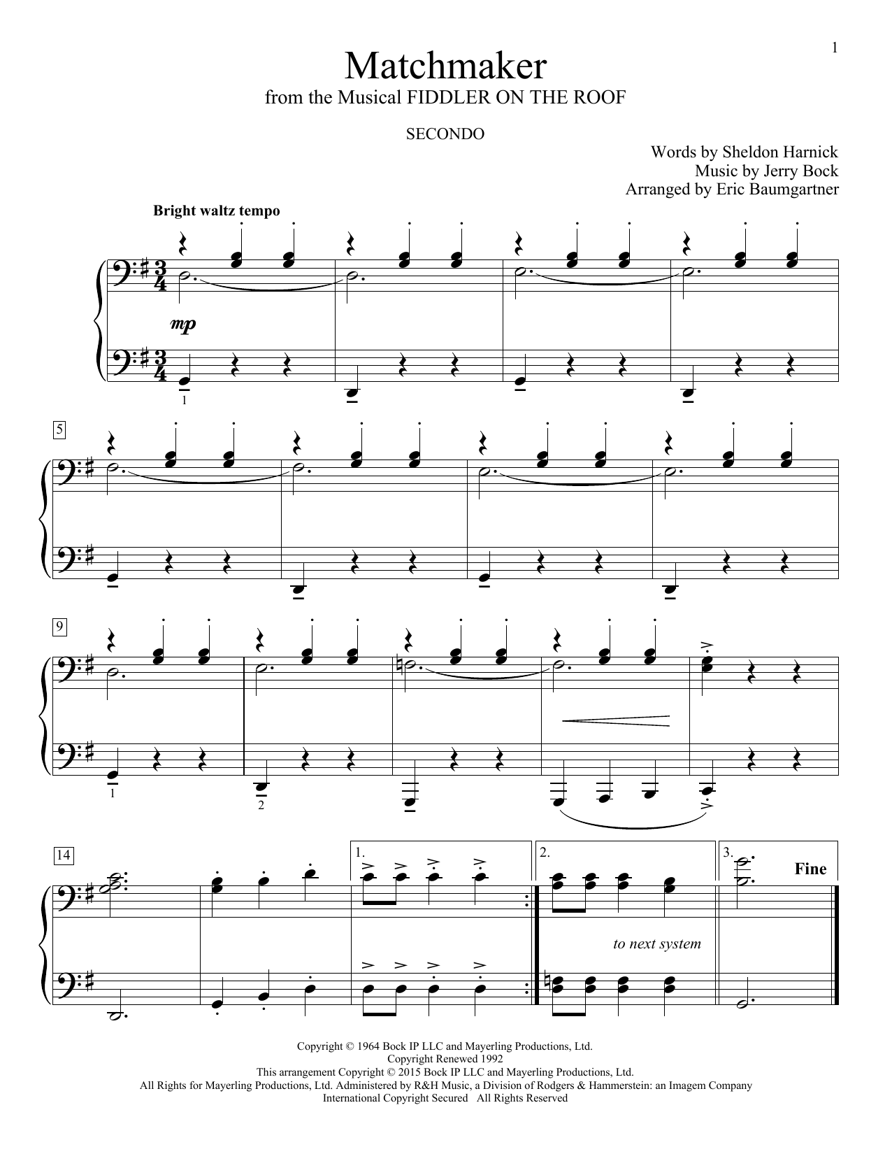 Bock Harnick Matchmaker From Fiddler On The Roof Arr Eric Baumgartner Sheet Music Pdf Notes Chords Children Score Piano Duet Download Printable Sku 162209