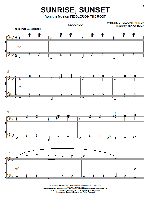 Bock & Harnick Sunrise, Sunset sheet music notes and chords. Download Printable PDF.