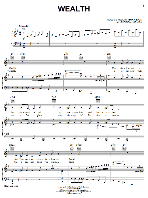 Learn to play Bock & Harnick Wealth sheet music for Piano, Vocal & Guitar (Right-Hand Melody) in minutes. Bock & Harnick Wealth sheet music notes and chords. Download Printable PDF.