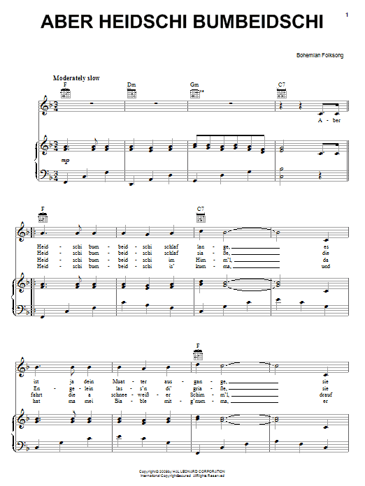 Learn to play Bohemian Folksong Aber Heidschi Bumbeidschi sheet music for Piano, Vocal & Guitar (Right-Hand Melody) in minutes. Bohemian Folksong Aber Heidschi Bumbeidschi sheet music notes and chords. Download Printable PDF.