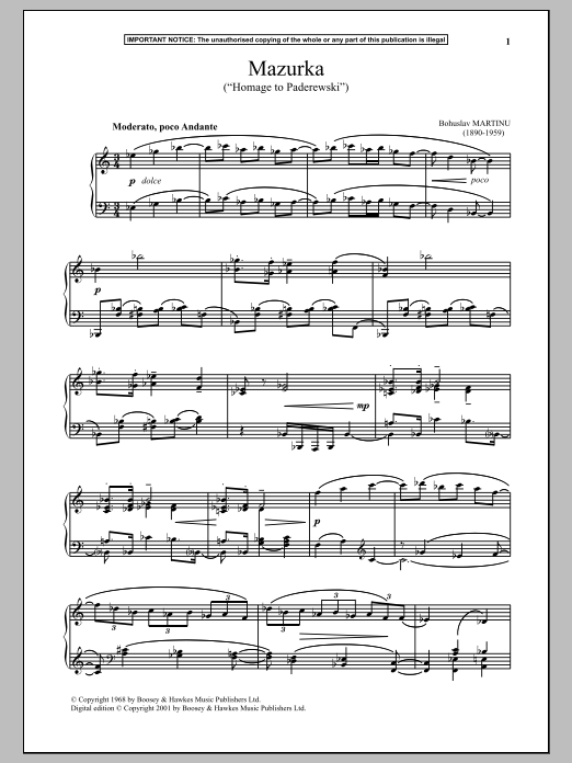 Learn to play Bohuslav Martinu Mazurka, H284 (Homage To Paderewski) sheet music for Piano Solo in minutes. Bohuslav Martinu Mazurka, H284 (Homage To Paderewski) sheet music notes and chords. Download Printable PDF.