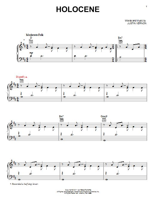 Bon Iver Holocene sheet music notes and chords. Download Printable PDF.