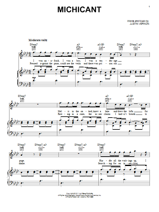 Bon Iver Michicant sheet music notes and chords. Download Printable PDF.