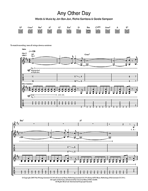 Bon Jovi Any Other Day sheet music notes and chords. Download Printable PDF.