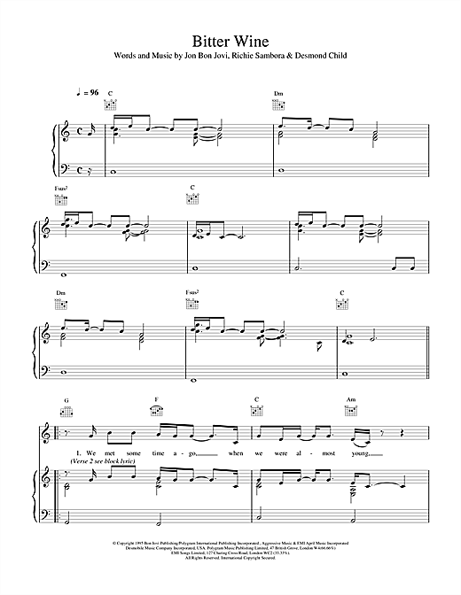 Bon Jovi Bitter Wine sheet music notes and chords. Download Printable PDF.
