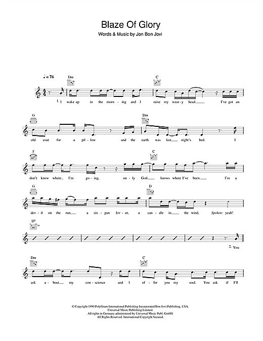 Learn to play Bon Jovi Blaze Of Glory sheet music for Lead Sheet / Fake Book in minutes. Bon Jovi Blaze Of Glory sheet music notes and chords. Download Printable PDF.