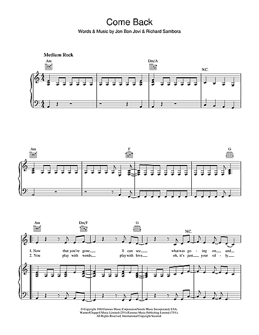 Bon Jovi Come Back sheet music notes and chords. Download Printable PDF.