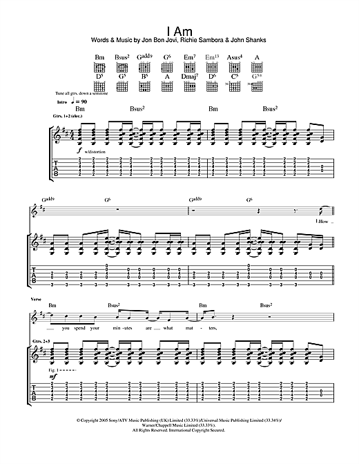 Bon Jovi I Am sheet music notes and chords. Download Printable PDF.