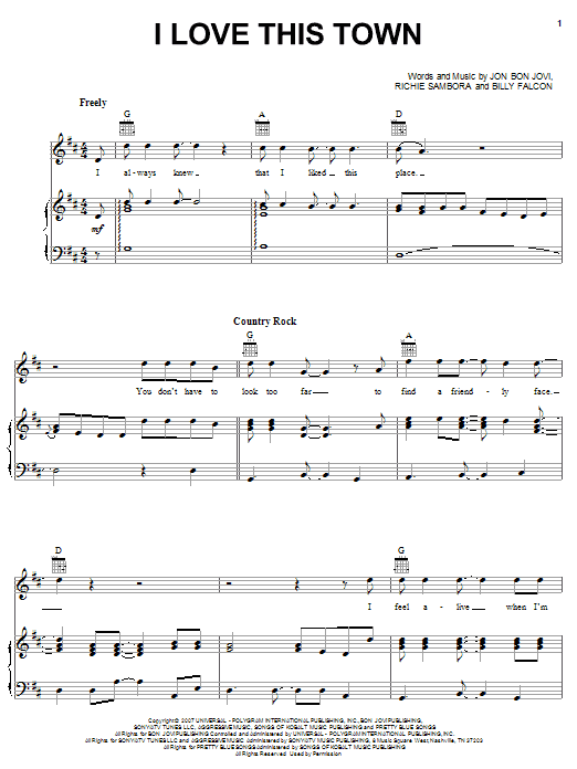 Learn to play Bon Jovi I Love This Town sheet music for Piano, Vocal & Guitar (Right-Hand Melody) in minutes. Bon Jovi I Love This Town sheet music notes and chords. Download Printable PDF.