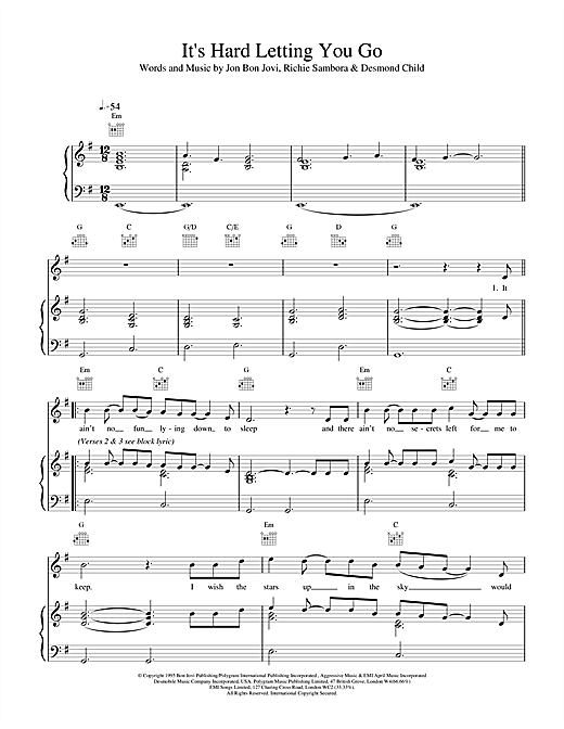 Bon Jovi It's Hard Letting You Go sheet music notes and chords. Download Printable PDF.