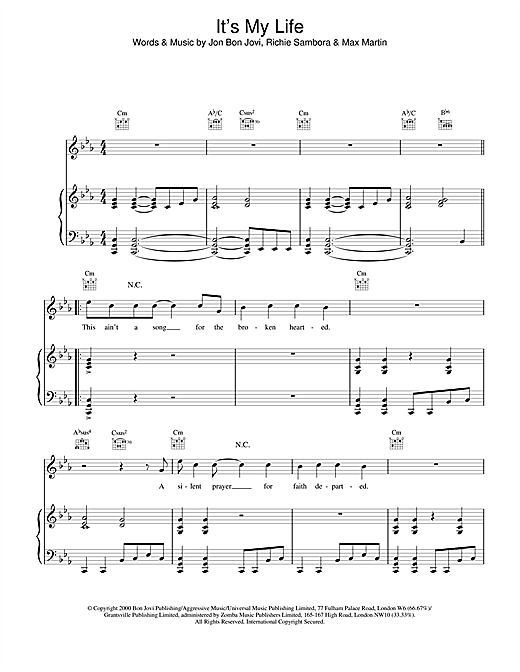 Bon Jovi It S My Life Sheet Music Pdf Notes Chords Rock Score Piano Vocal Guitar Download Printable Sku