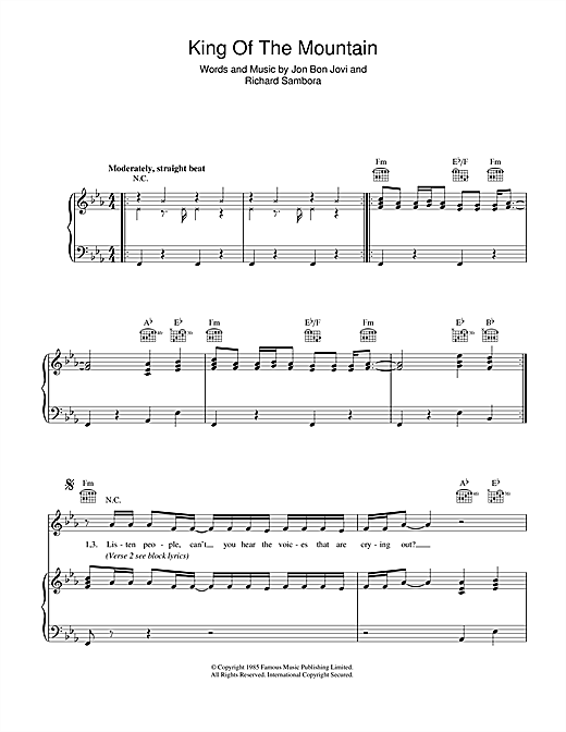 Bon Jovi King Of The Mountain sheet music notes and chords. Download Printable PDF.