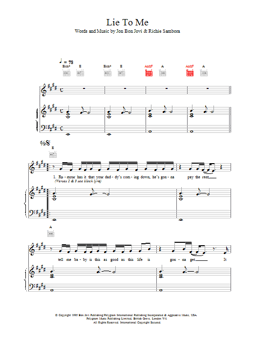 Bon Jovi Lie To Me sheet music notes and chords. Download Printable PDF.