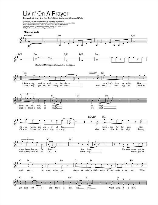 Bon Jovi Livin' On A Prayer sheet music notes and chords. Download Printable PDF.