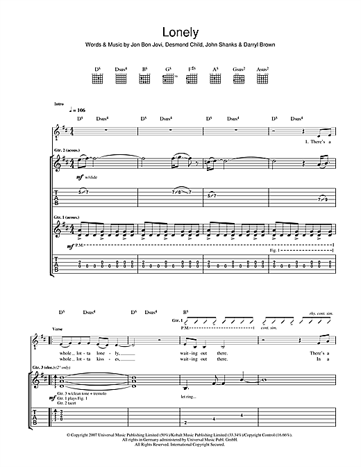 Bon Jovi Lonely sheet music notes and chords. Download Printable PDF.