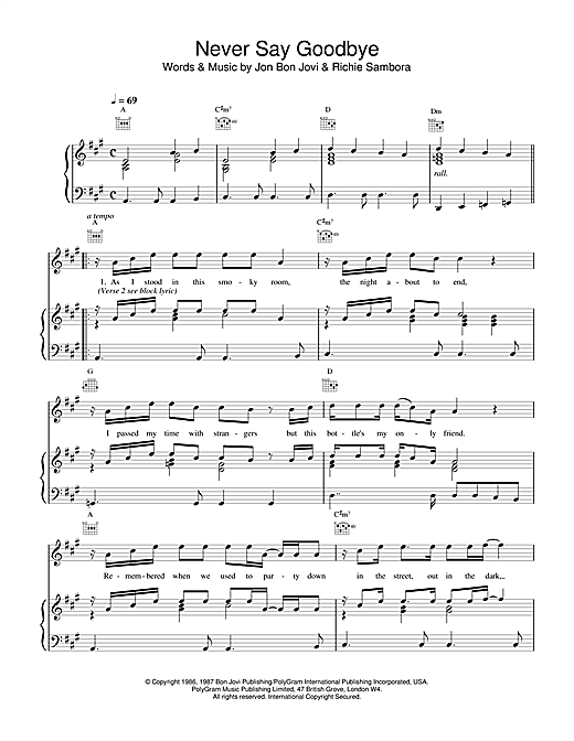 Bon Jovi Never Say Goodbye sheet music notes and chords. Download Printable PDF.