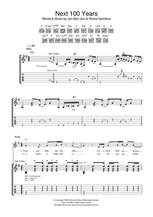 Bon Jovi Next 100 Years sheet music notes and chords. Download Printable PDF.