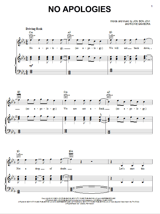 Bon Jovi No Apologies sheet music notes and chords. Download Printable PDF.