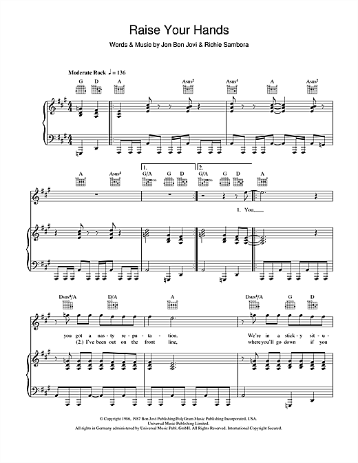 Learn to play Bon Jovi Raise Your Hands sheet music for Piano, Vocal & Guitar (Right-Hand Melody) in minutes. Price: 7.8900$ Bon Jovi Raise Your Hands sheet music notes and chords. Download Printable PDF.