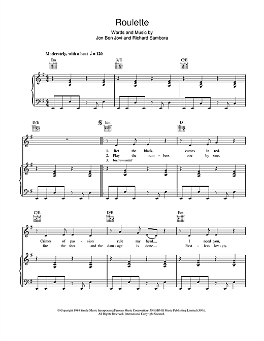Bon Jovi Roulette sheet music notes and chords. Download Printable PDF.