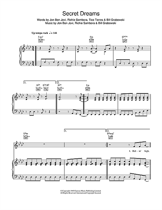 Bon Jovi Secret Dreams sheet music notes and chords. Download Printable PDF.