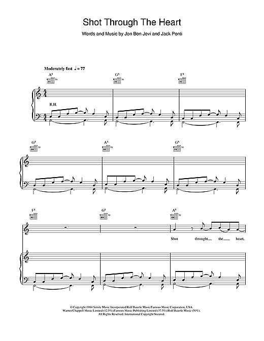 Bon Jovi Shot Through The Heart sheet music notes and chords. Download Printable PDF.