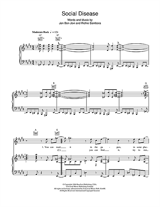 Bon Jovi Social Disease sheet music notes and chords. Download Printable PDF.