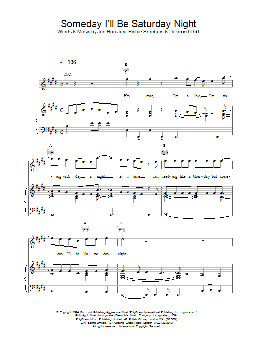 Bon Jovi Someday I'll Be Saturday Night sheet music notes and chords. Download Printable PDF.