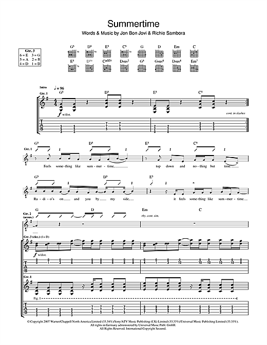 Bon Jovi Summertime sheet music notes and chords. Download Printable PDF.
