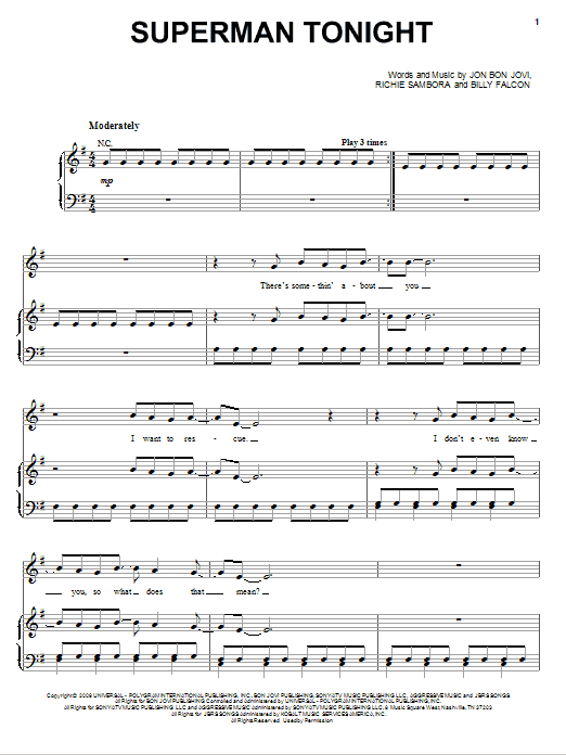 Bon Jovi Superman Tonight sheet music notes and chords. Download Printable PDF.