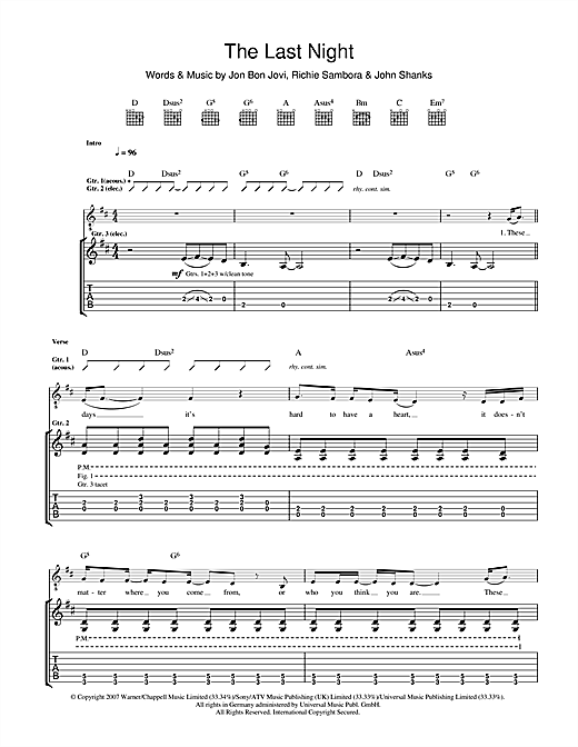 Bon Jovi The Last Night sheet music notes and chords. Download Printable PDF.