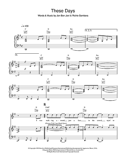 Bon Jovi These Days sheet music notes and chords. Download Printable PDF.