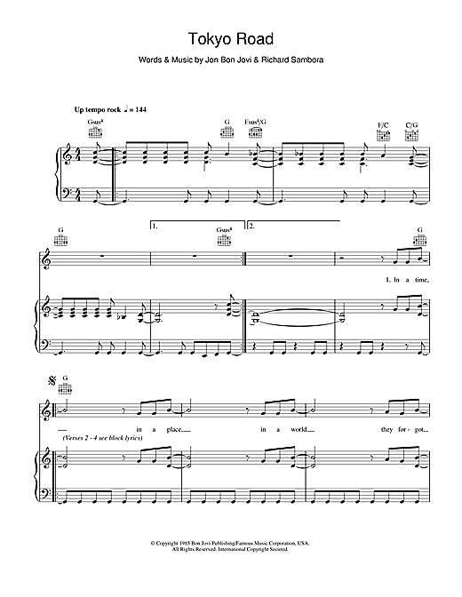 Bon Jovi Tokyo Road sheet music notes and chords. Download Printable PDF.