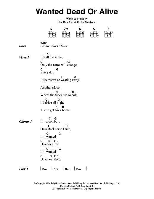 Bon Jovi Wanted Dead Or Alive Sheet Music Pdf Notes Chords Pop Score Guitar Chords Lyrics Download Printable Sku 85446