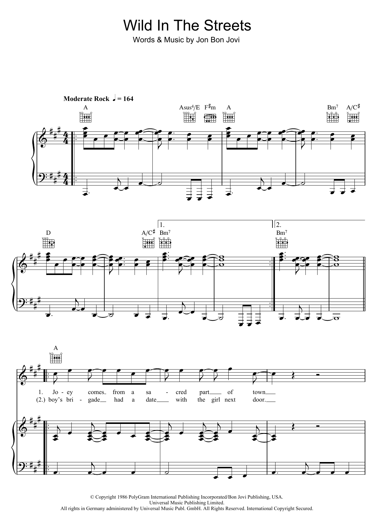 Bon Jovi Wild In The Streets sheet music notes and chords. Download Printable PDF.