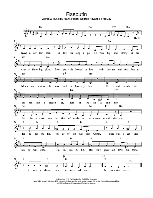 Boney M Rasputin sheet music notes and chords. Download Printable PDF.