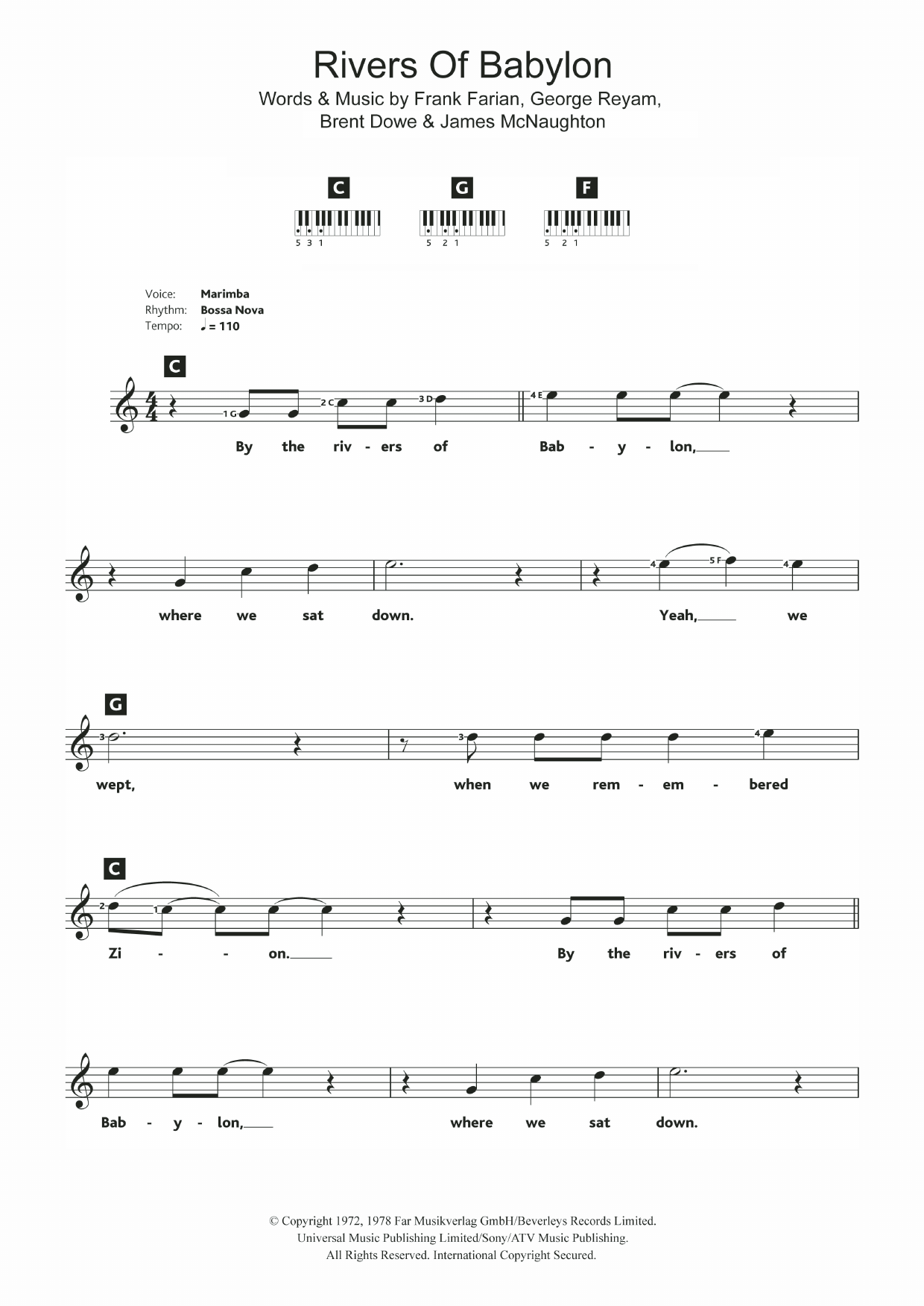 Boney M Rivers Of Babylon sheet music for Guitar Chords/Lyrics in minutes. Price: 4.9900$ Boney M Rivers Of Babylon sheet music notes and chords. Download Printable PDF.