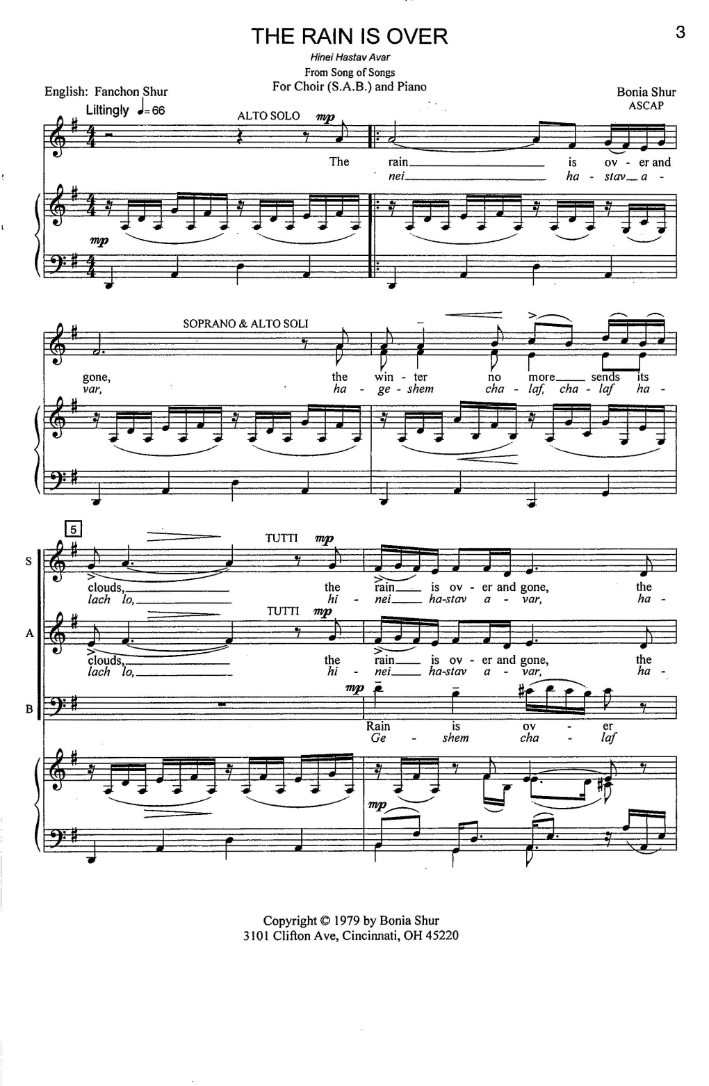 Learn to play Bonia Shur The Rain Is Over sheet music for SAB Choir in minutes. Price: 3.9900$ Bonia Shur The Rain Is Over sheet music notes and chords arranged for SAB Choir