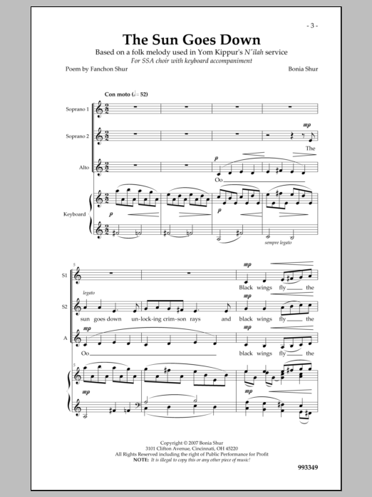 Learn to play Bonia Shur The Sun Goes Down sheet music for SSA Choir in minutes. Price: 3.9900$ Bonia Shur The Sun Goes Down sheet music notes and chords arranged for SSA Choir