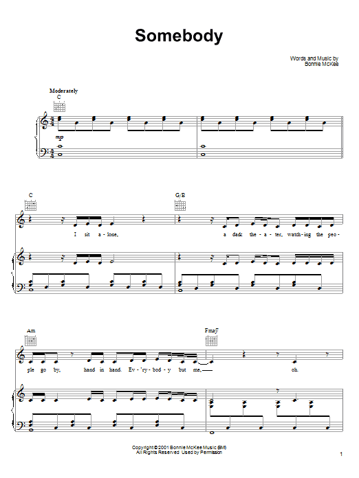 Bonnie McKee Somebody sheet music notes and chords. Download Printable PDF.