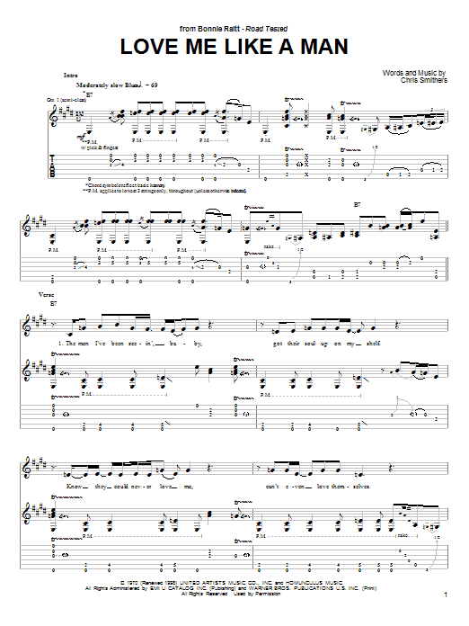 Bonnie Raitt Love Me Like A Man sheet music notes and chords. Download Printable PDF.