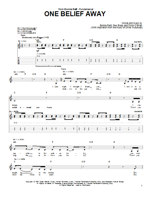 Bonnie Raitt One Belief Away sheet music notes and chords. Download Printable PDF.