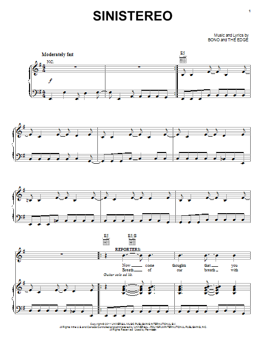 Bono & The Edge Sinistereo sheet music notes and chords. Download Printable PDF.