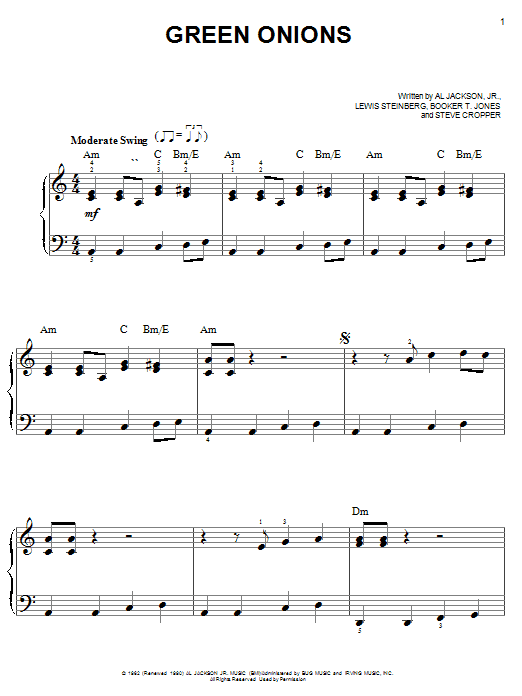 Preview Booker T. & The MG's Green Onions Folk sheet music, notes and chords for Easy Piano, SKU: 19520 sheet music, piano notes, chords, guitar tabs, score, transpose, transcribe, how to play, guide, download, learn, tutorial, progression, song, artist, awards, billboard, mtv, vh1, tour, single, album, release