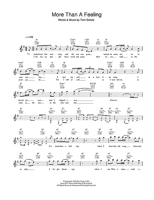 Boston More Than A Feeling sheet music notes and chords. Download Printable PDF.