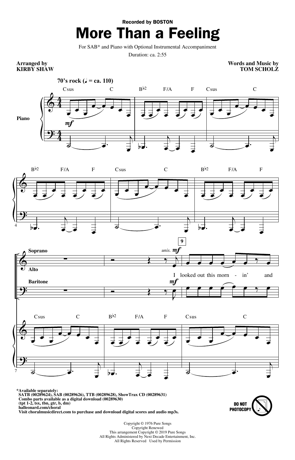 Learn to play Boston More Than a Feeling (arr. Kirby Shaw) sheet music for TTBB Choir in minutes. Price: 3.9900$ Boston More Than a Feeling (arr. Kirby Shaw) sheet music notes and chords arranged for TTBB Choir
