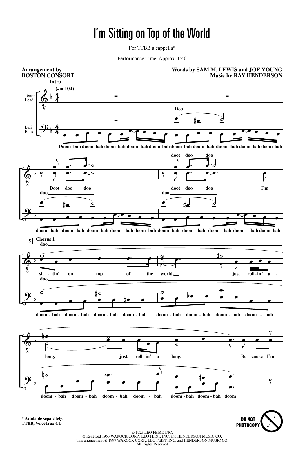 Learn to play Boston Common I'm Sitting on Top of the World (arr. Boston Consort) sheet music for TTBB Choir in minutes. Price: 3.9900$ Boston Common I'm Sitting on Top of the World (arr. Boston Consort) sheet music notes and chords arranged for TTBB Choir